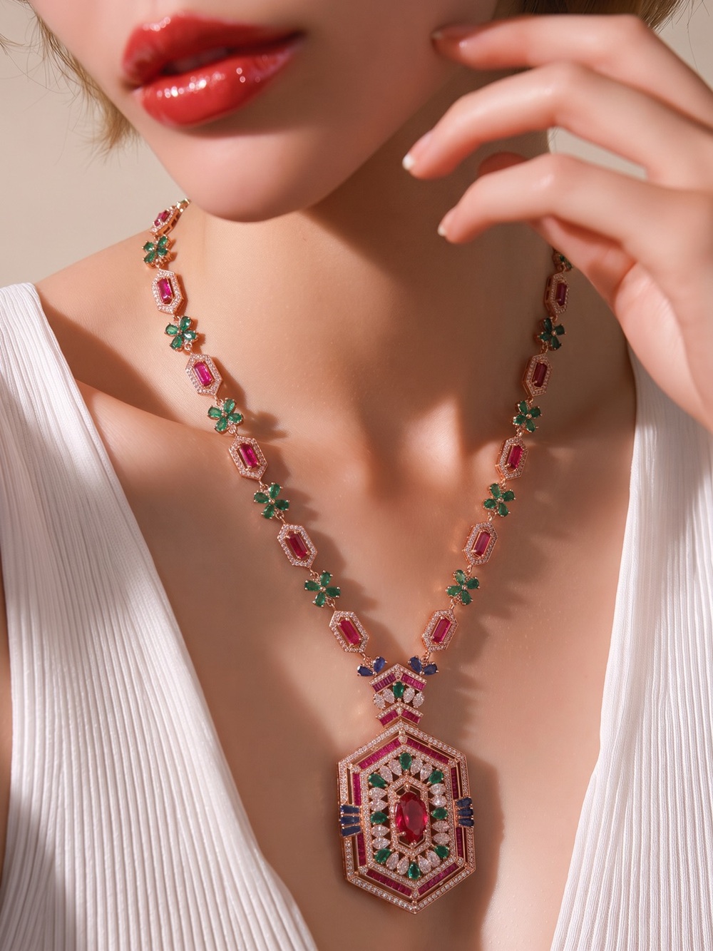 Luxury Red ruby and Green Crystal Pendant Necklace - Women Jewelry